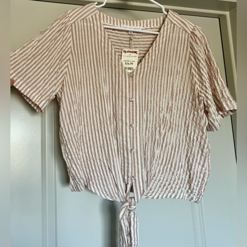 Jane and Delancey Beige and White Striped Button-Front Tie Hem Top